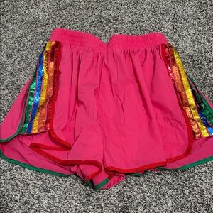 QUEEN OF SPARKLES Pink Shorts with Rainbow Stripes